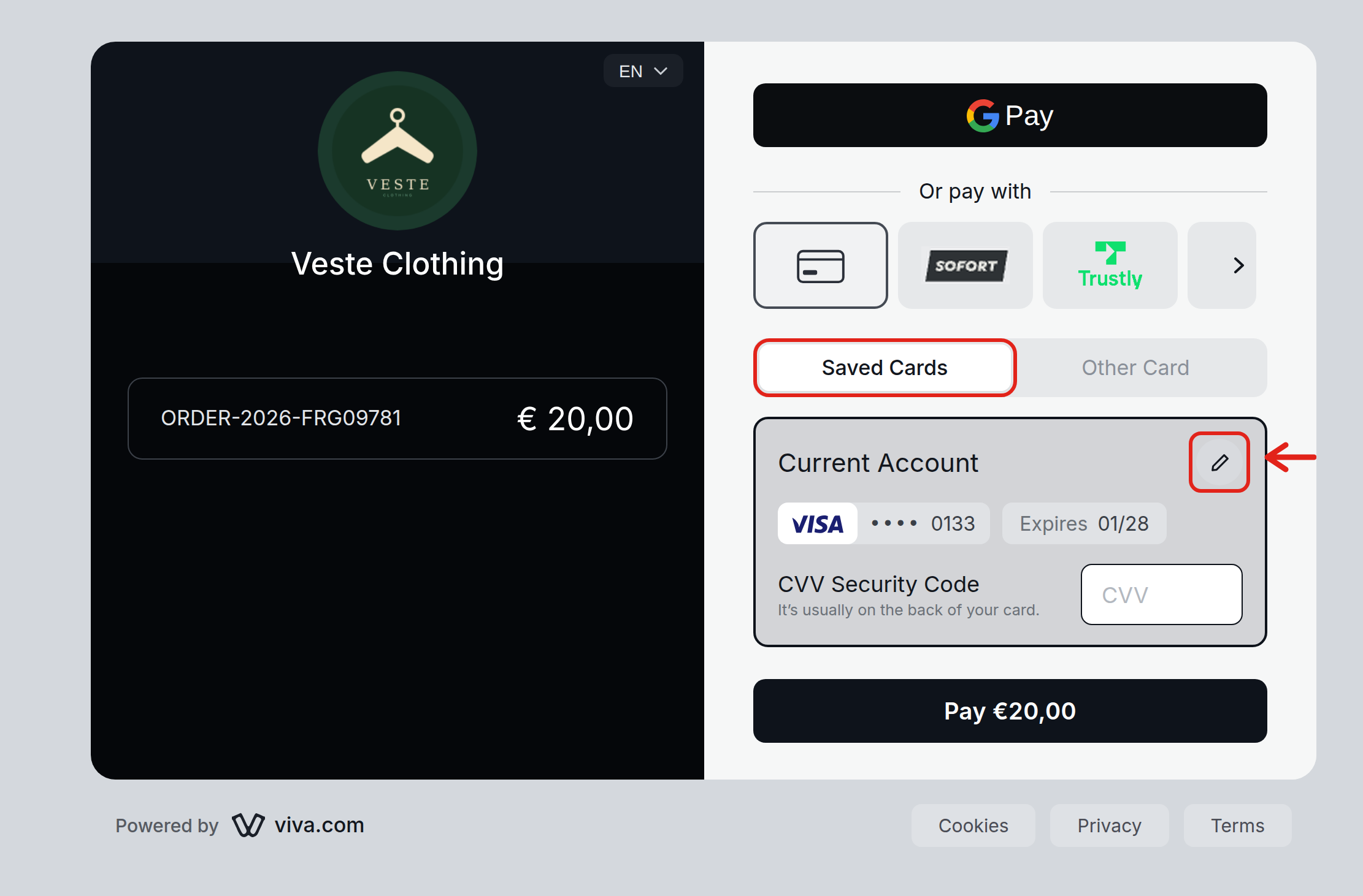 Smart Checkout - editing or deleting a saved card