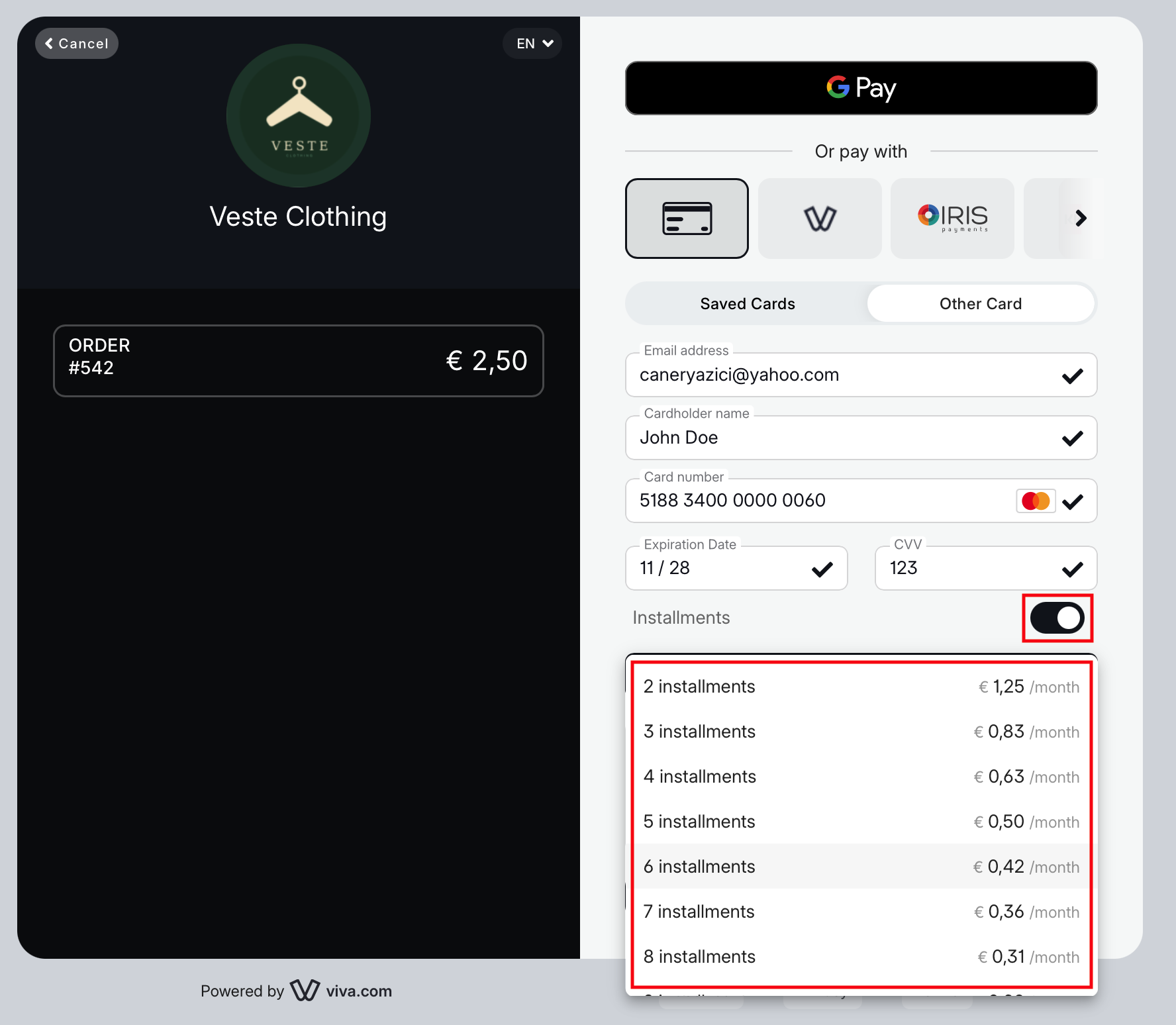 Smart Checkout with installments dropdown