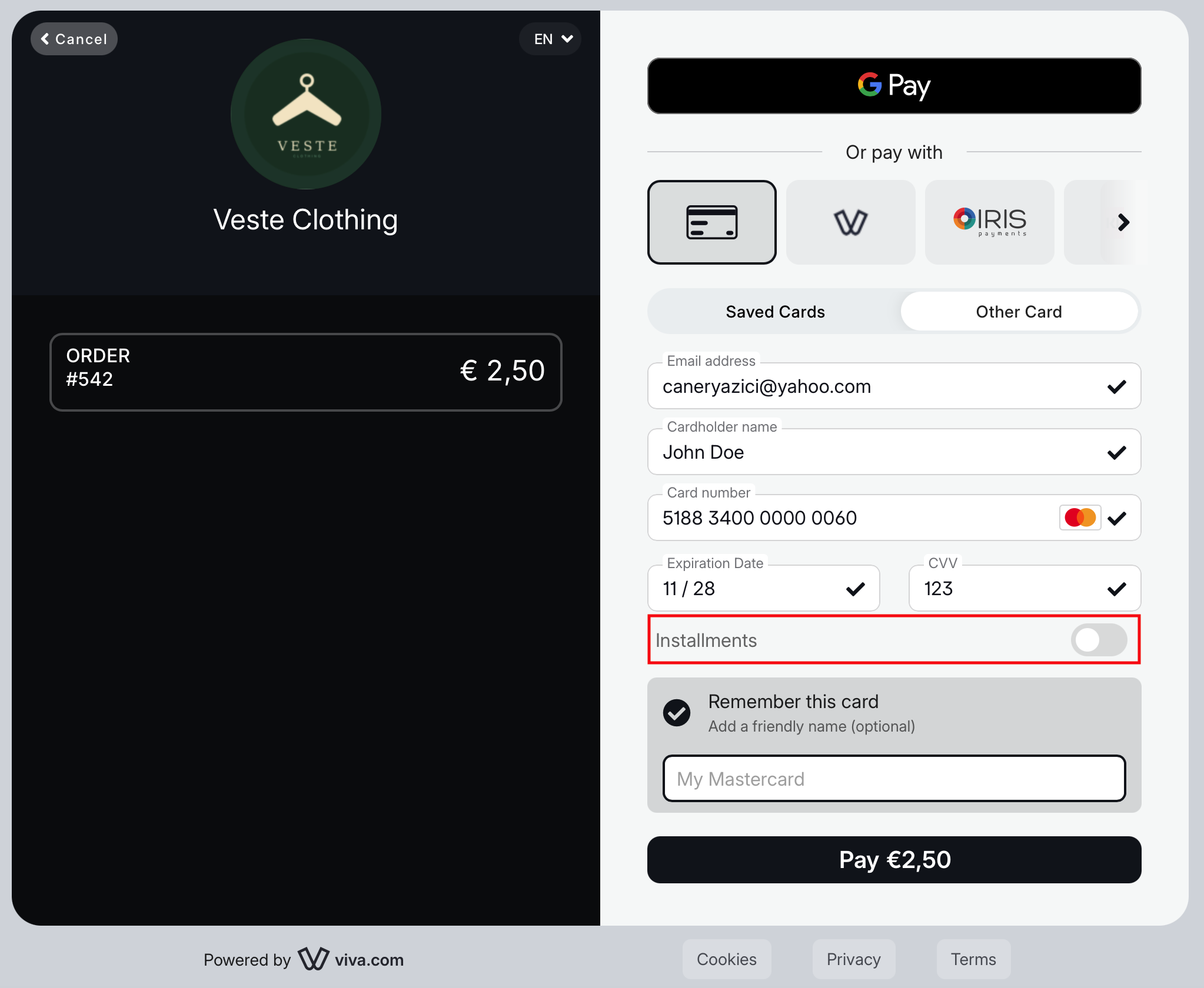 Smart Checkout with installments toggle