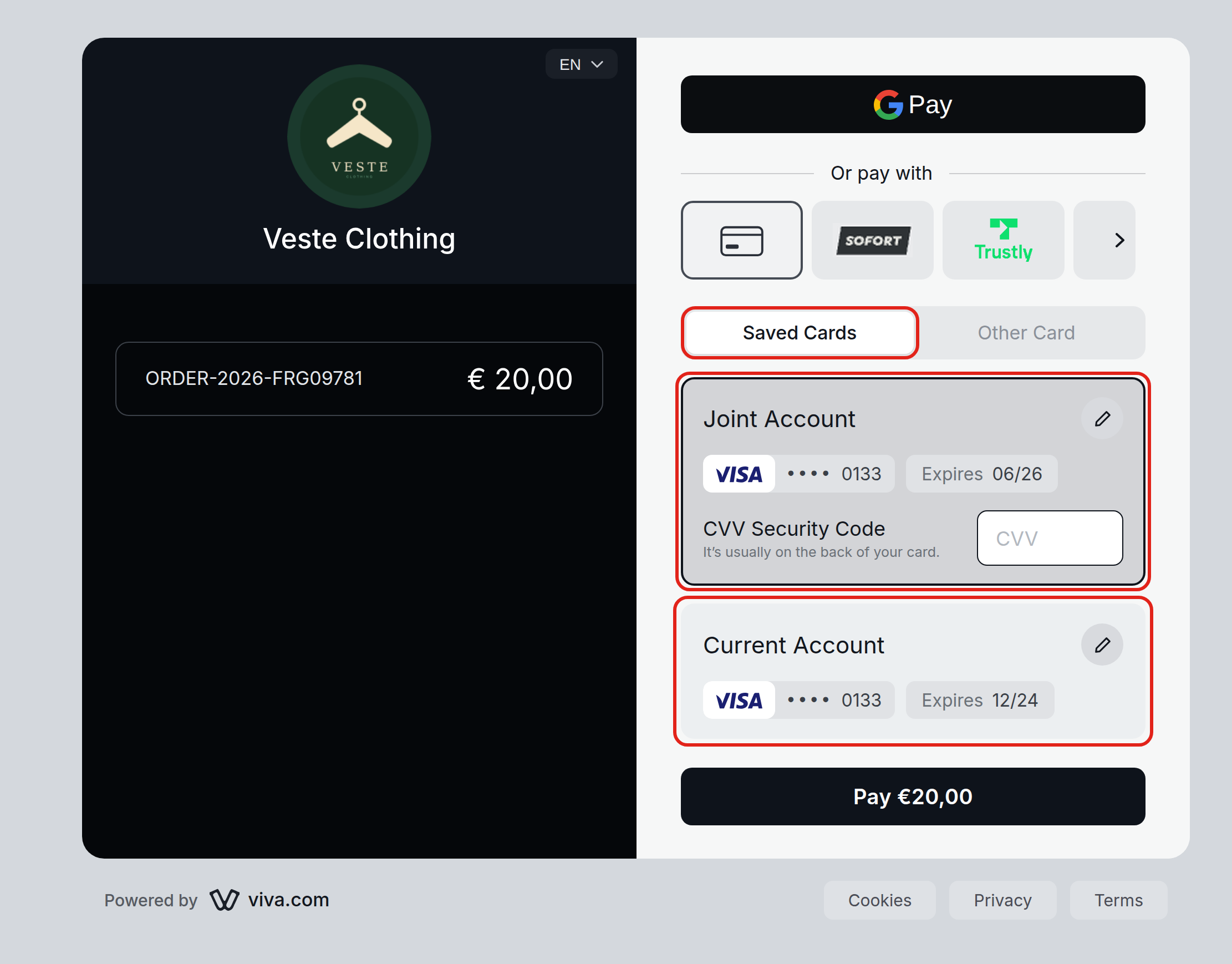 Smart Checkout - paying with a saved card