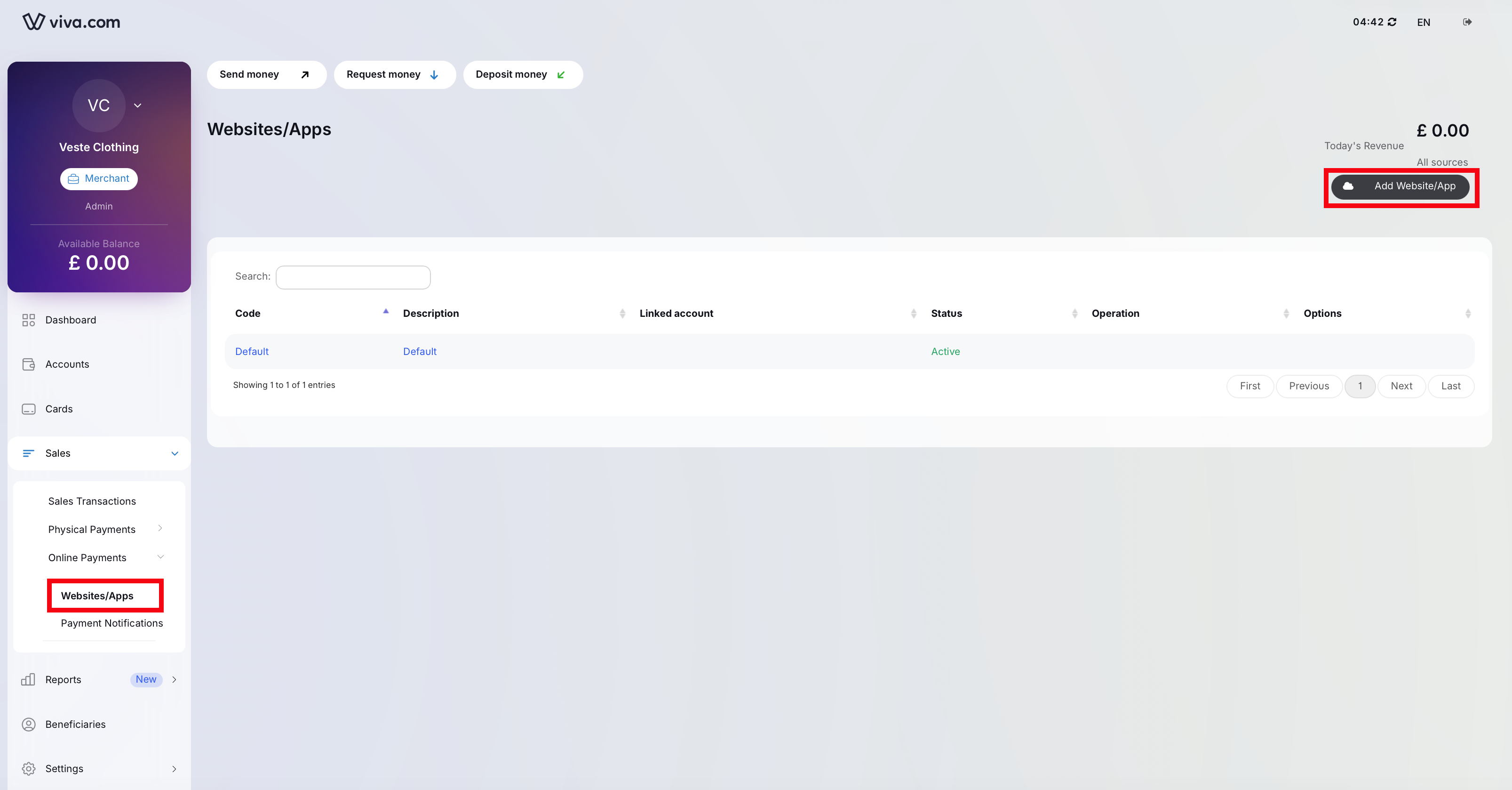 Add Website button
