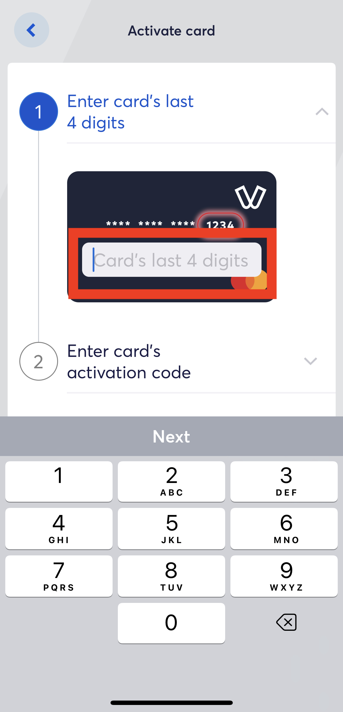 Banking app - enter card's last four digit