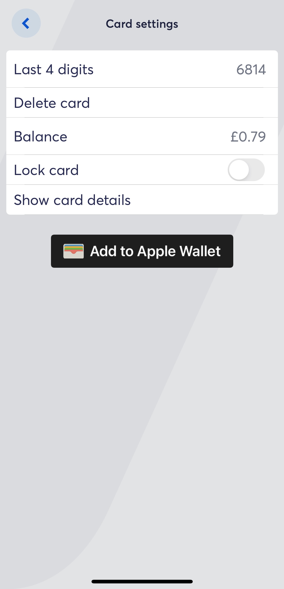 Banking app - Card settings