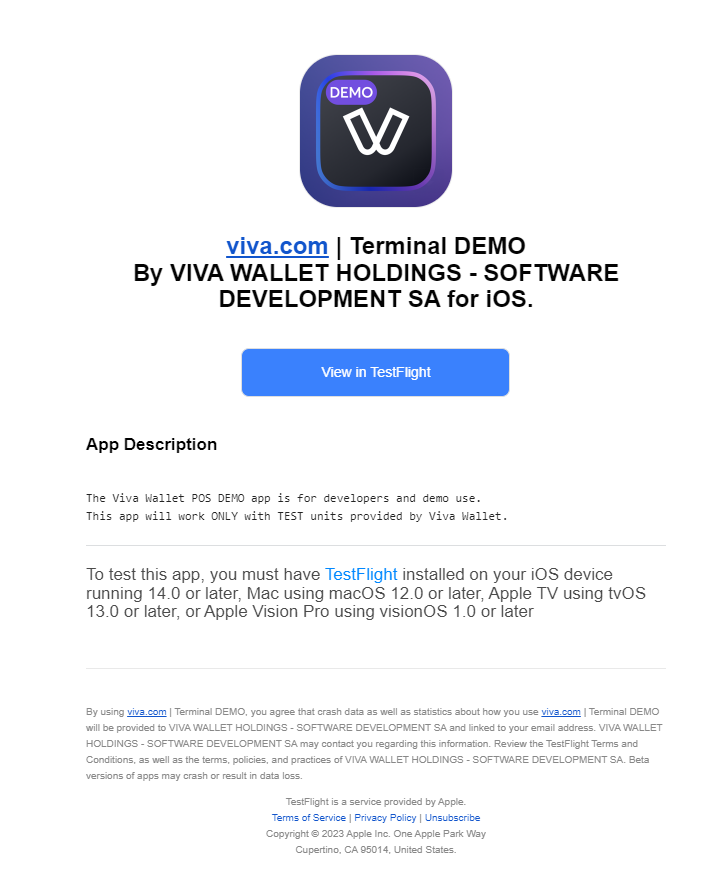 'Viva.com Terminal' application - invitation for iOS