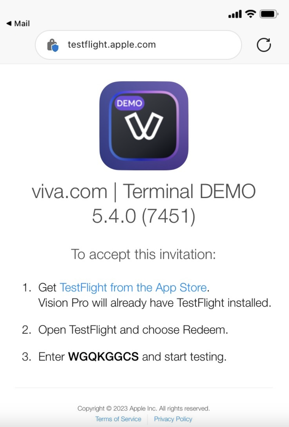 'Viva.com Terminal' application - TestFlight page