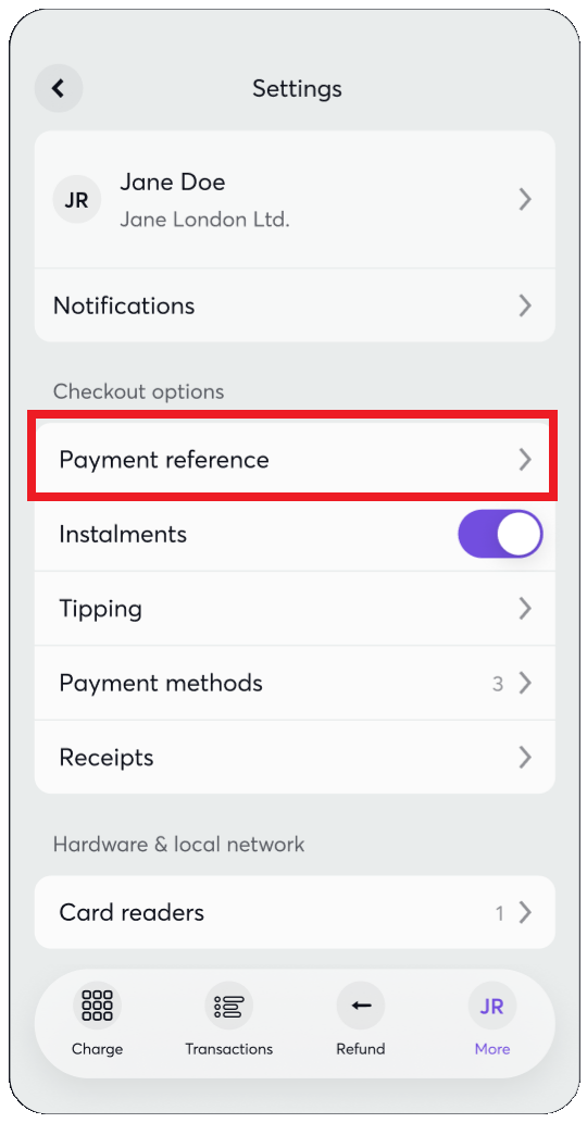 Payment reference menu