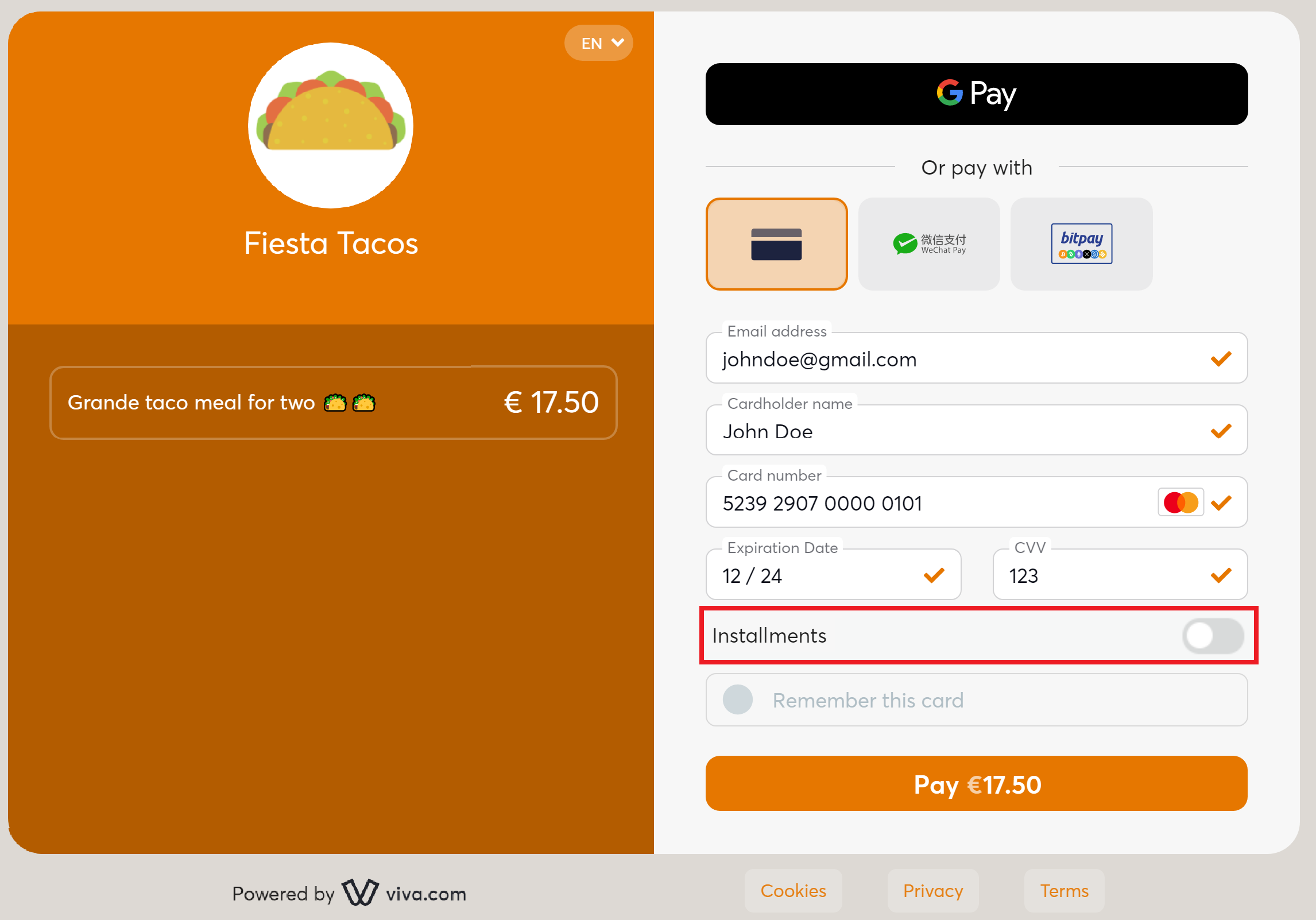 Smart Checkout with installments toggle