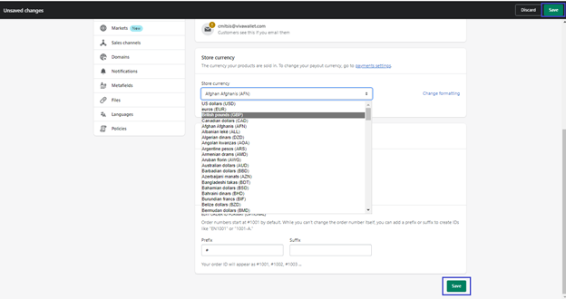 Store currency dropdown